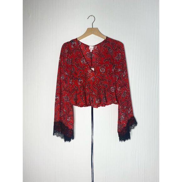 CINQ A SEPT "Jemma" Silk Red Paisley Long Sleeve Cropped Blouse NWT US XS - Picture 12 of 15